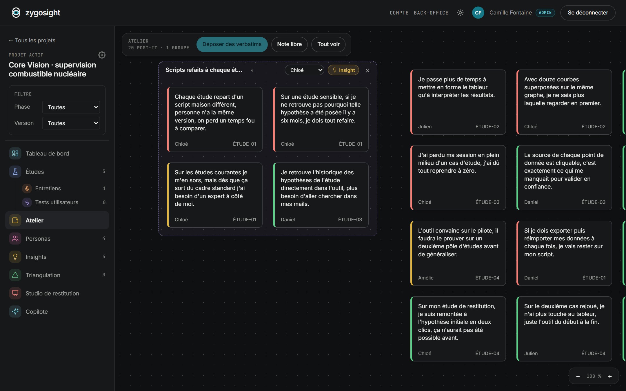 L’atelier : un plan de travail avec des post-it de verbatims, regroupés dans un cadre nommé « Scripts refaits à chaque étude »