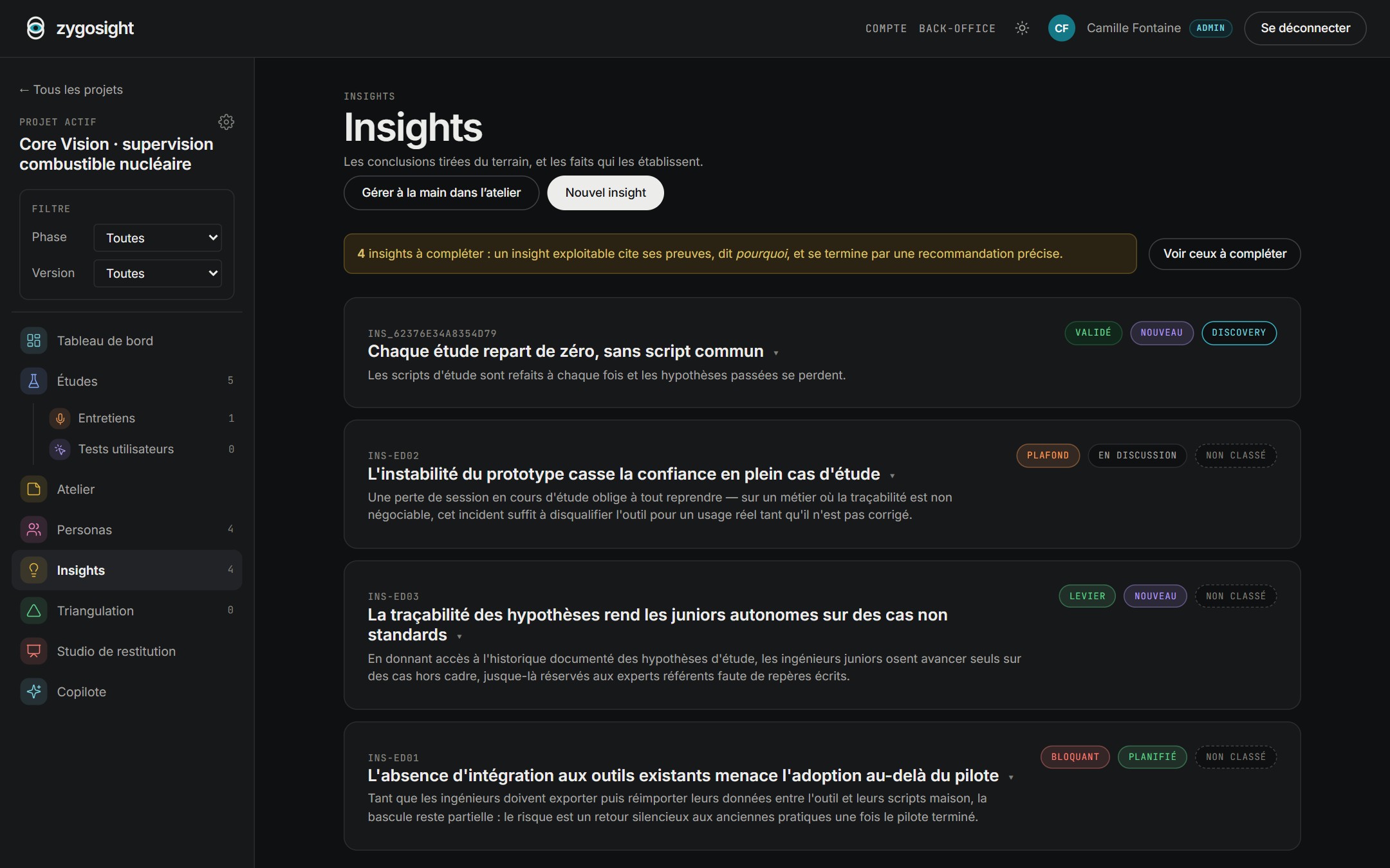 La liste des insights d’un projet, avec leur sévérité et leur statut